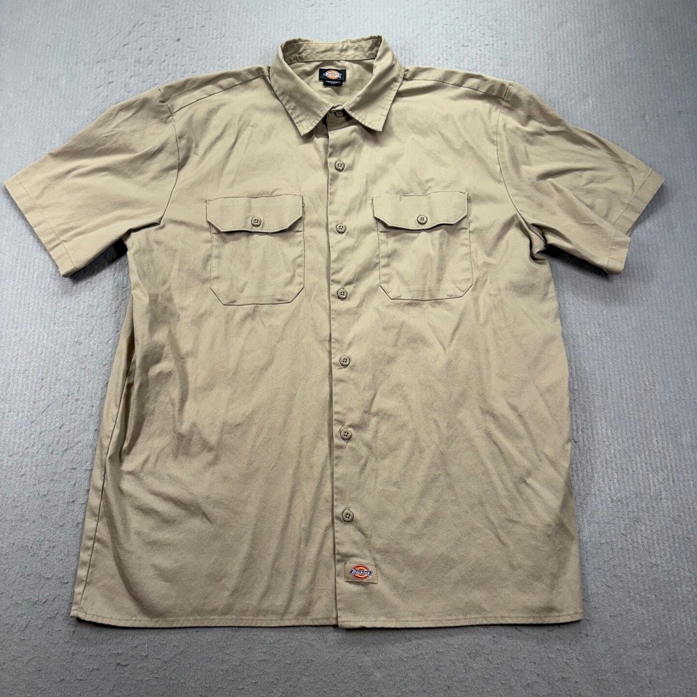 Dickies Work Shirt Mens Large L Tan Khaki Short Sleeve Button Down Utility
